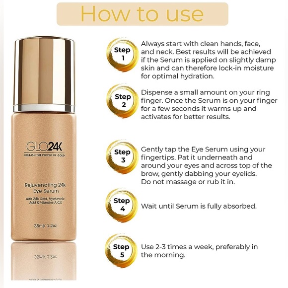 GLO24K NIB Rejuvenating 24k Eye Serum ✨Hyaluronic Acid & Vit. A,C,E 🇺🇸FLASHSALE - Picture 11 of 12